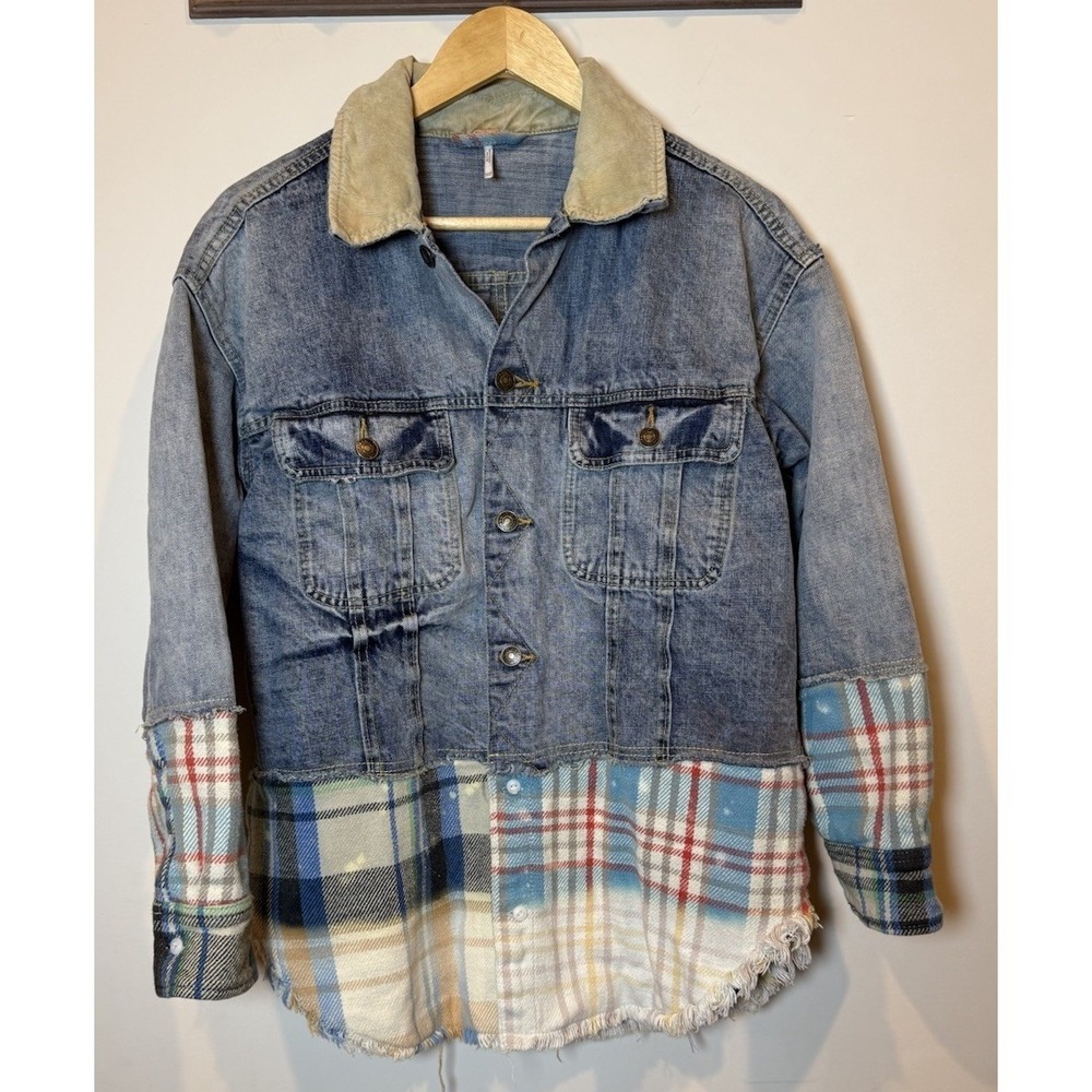 Free People XS Sirius Patchwork Denim Trucker Shirt Jacket Boho Grunge